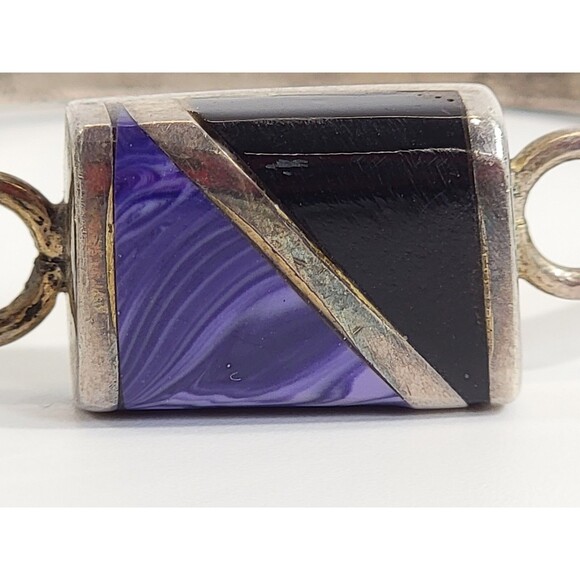 Sterling Silver .925 Plata ERR Purple Agate Black‎ Onyx Bangle Bracelet Gemstone - Picture 2 of 9